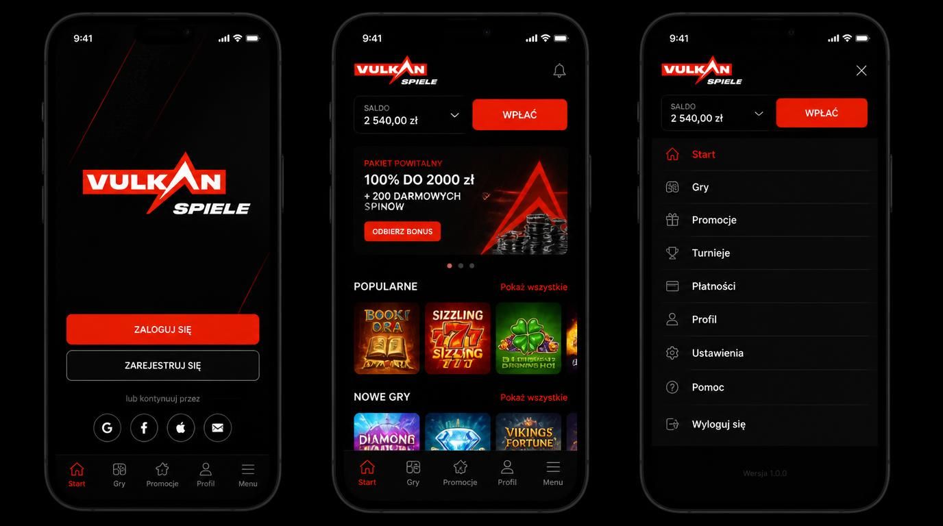 Widok telefonu nocą z aplikacją Vulkan Spiele na ekranie, ciemny motyw i widoczne menu dla użytkownika
