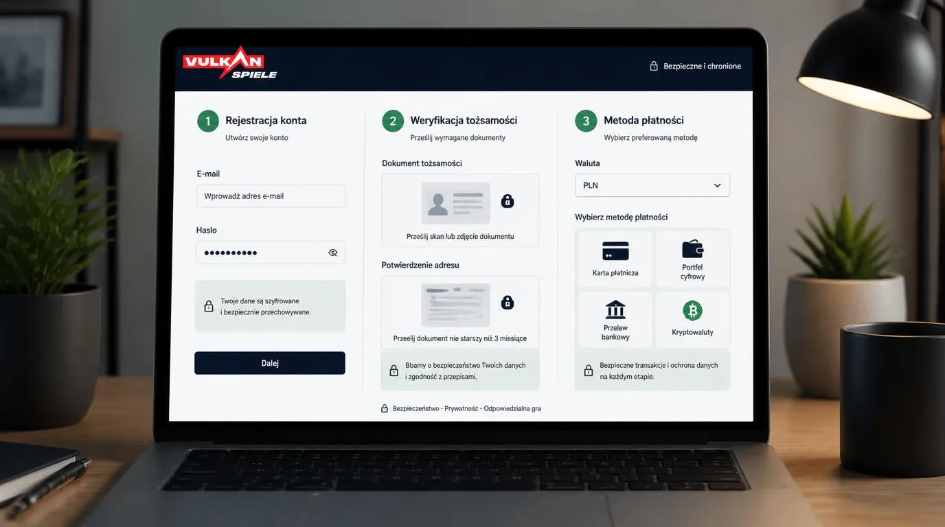 Panel konta z formularzem rejestracji, przesyłaniem dokumentów KYC i wyborem metody wpłaty