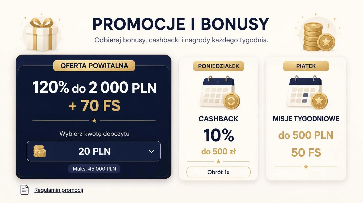 Panel bonusów z ofertą 120% do 2 000 PLN i 70 FS, depozytem od 20 PLN oraz nagrodami tygodniowymi