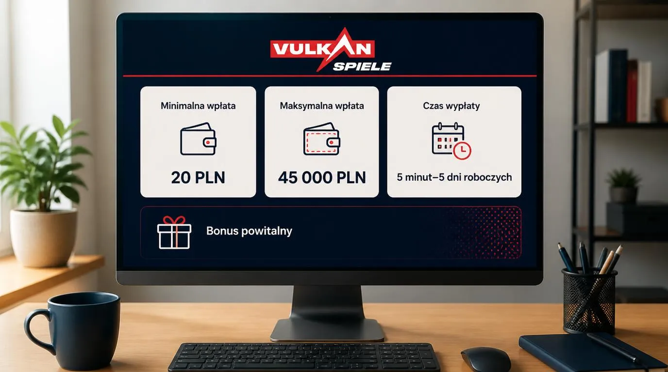 Panel kasyna z limitami wpłat 20–45 000 PLN, czasem wypłaty i kartą bonusu powitalnego